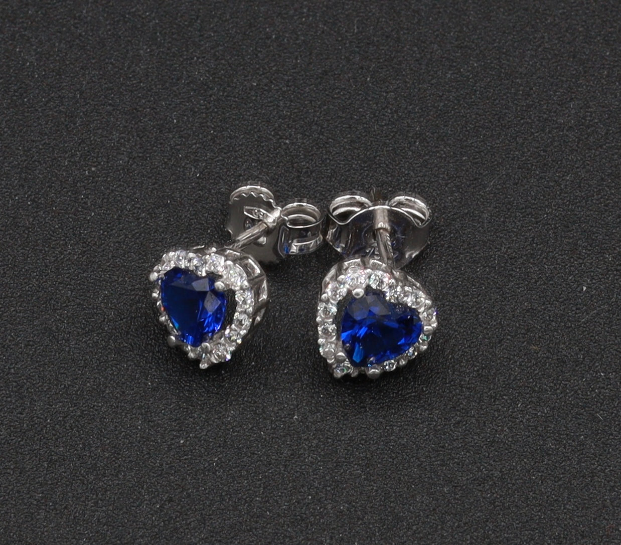 18K Gold Blue Heart and Diamond Frame Stud Earrings