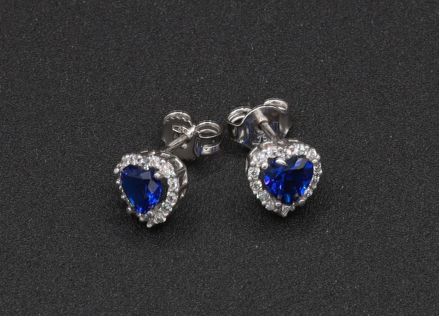 18K Gold Blue Heart and Diamond Frame Stud Earrings