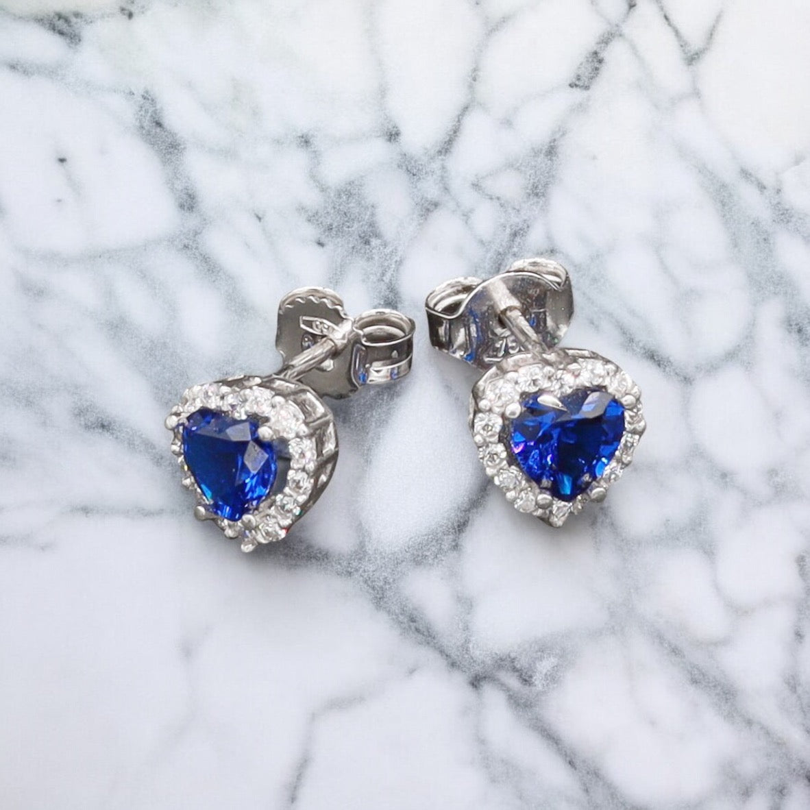 18K Gold Blue Heart and Diamond Frame Stud Earrings